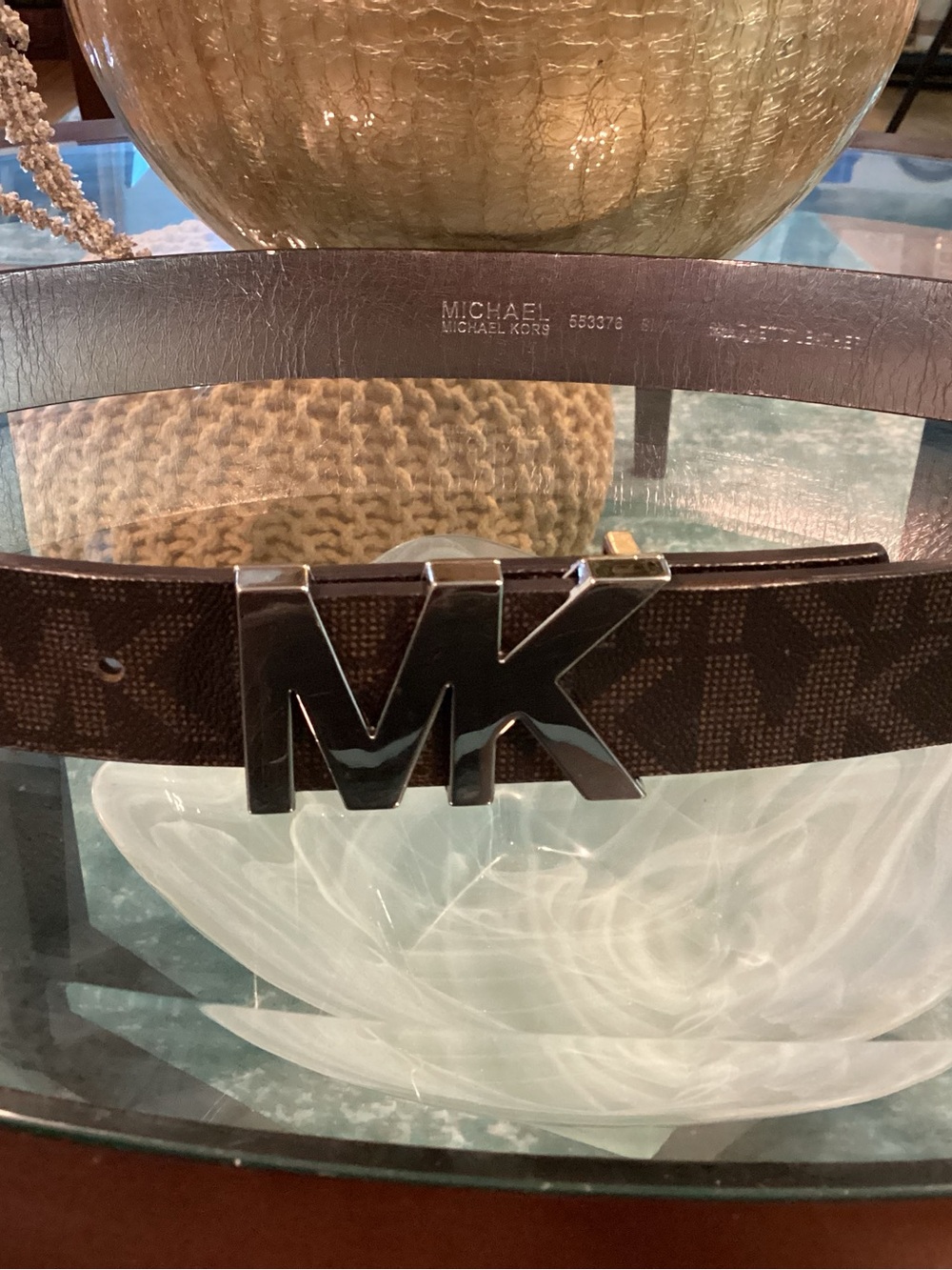 Michael Kors Unisex Dark Brown MK Logo Belt with Silver Buckle